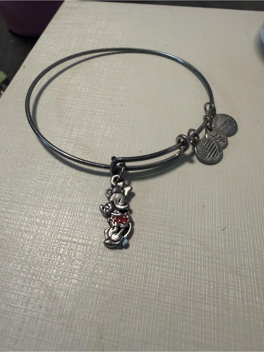 Alex and Ani Silver Minnie Mouse Charm Bangle with Red Accent